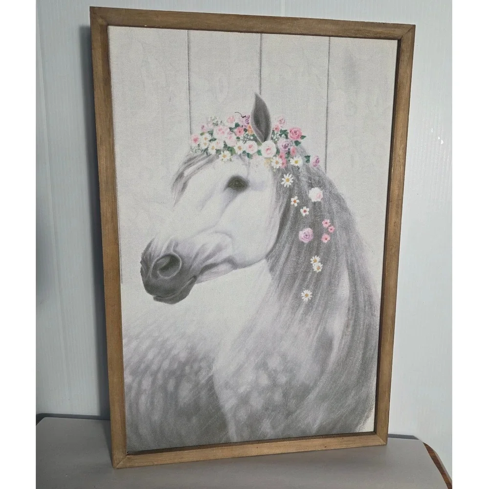 Farmhouse Horse Floral Crown Wall Art Canvas Framed Rustic Decor